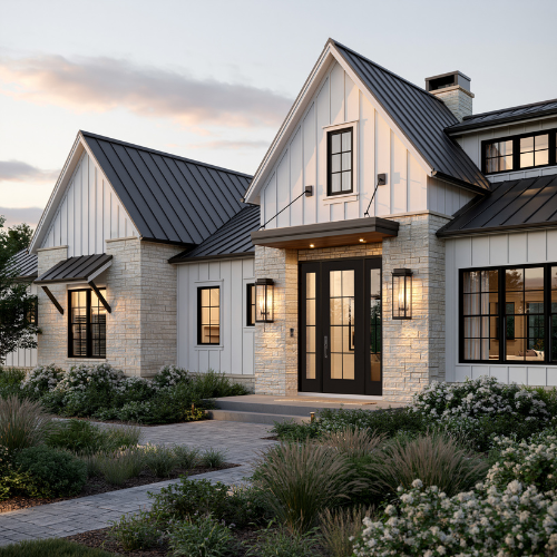 2027 black grilles between glass exterior on a upscale white craftsman house 