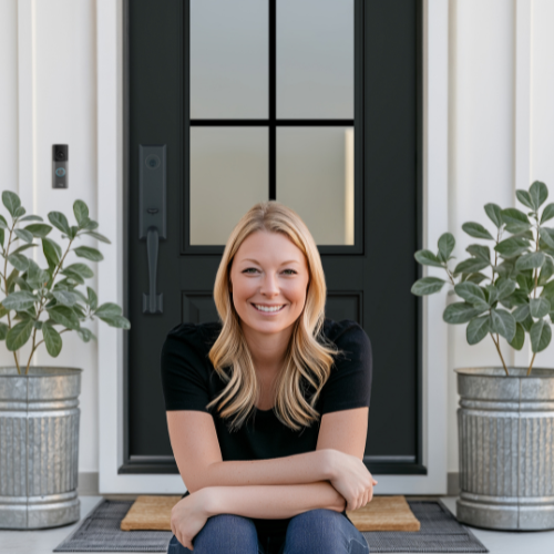 2027 black grilles between glass exterior with woman sitting on front porch
